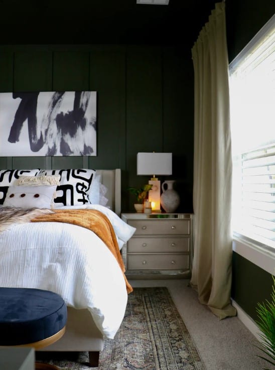 Handmade Haven guest bedroom makeover with the walls painted with black bamboo from behr paint