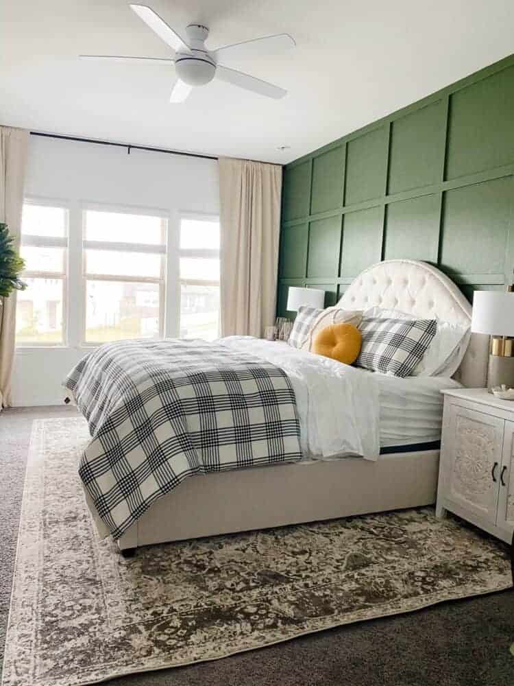 behr laurel garland paint color on bedroom accent wall behind bed
