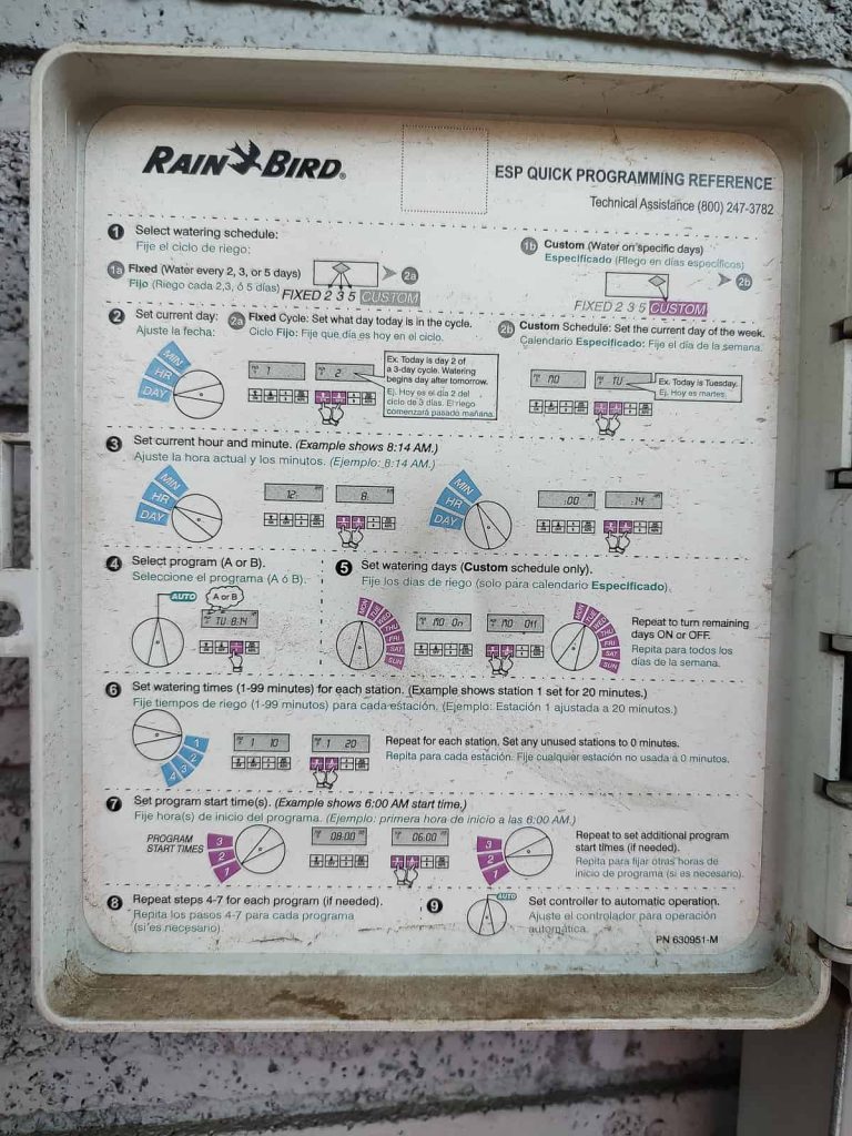 Picture of a programming reference guide for a rain bird sprinkler control system 