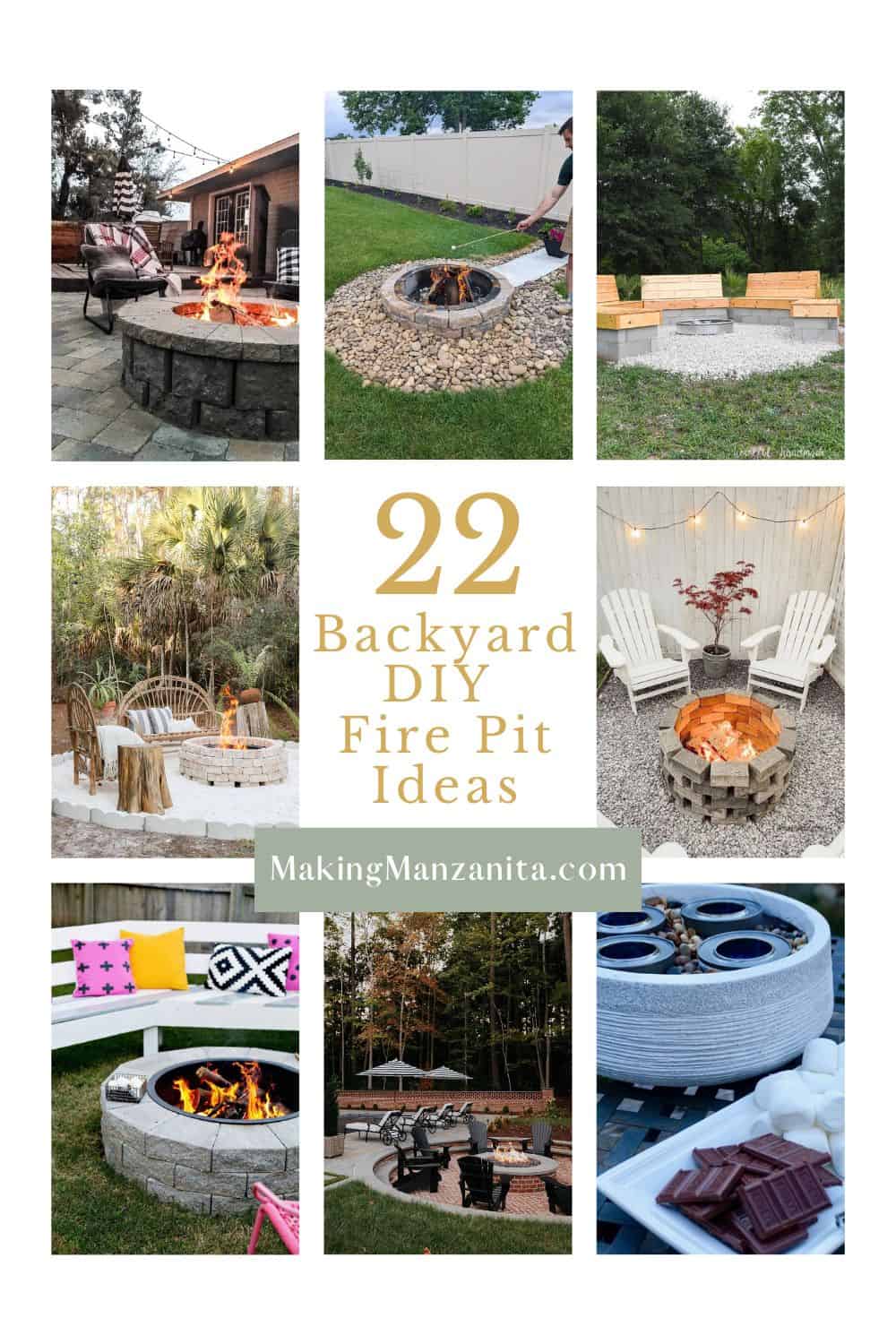 image collage with eight DIY fire pit ideas with text overlay 