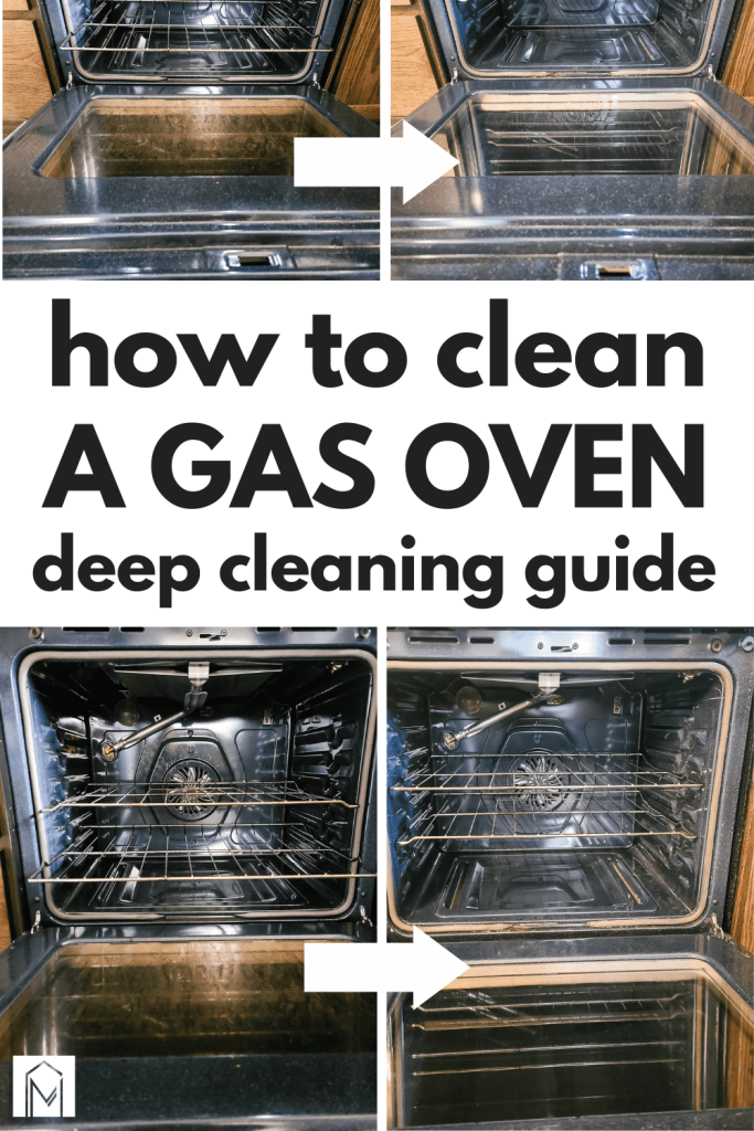 Side by side before and after pictures showing a dirty then clean oven as part of a tutorial