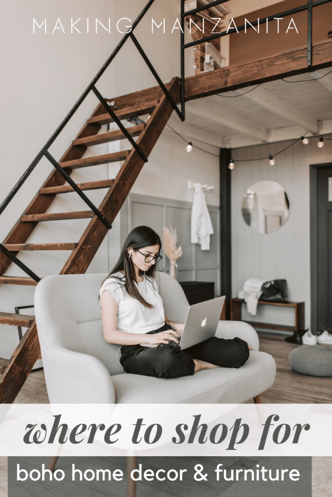 showing a picture talking about how to and where to shop for boho home decor and furniture