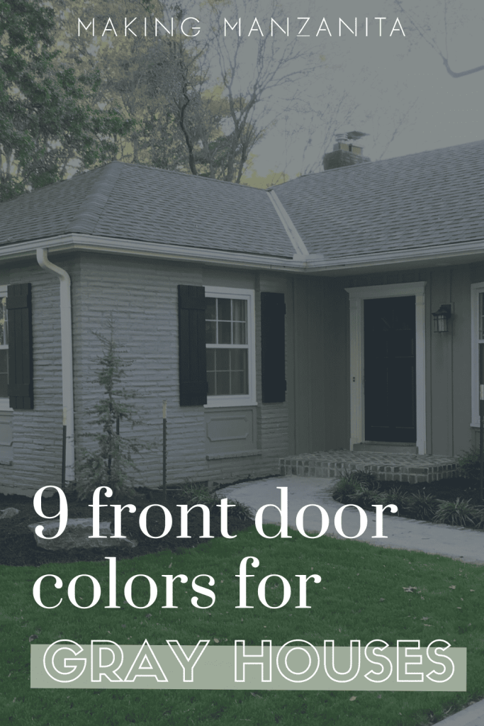 An infographic about 9 front door colors for gray house showing a gray house with a dark front door color