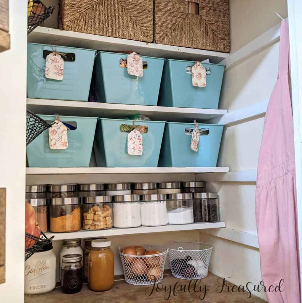 Organized Pantry Closet, Adjustable Shelves, Corkboard Backsplash