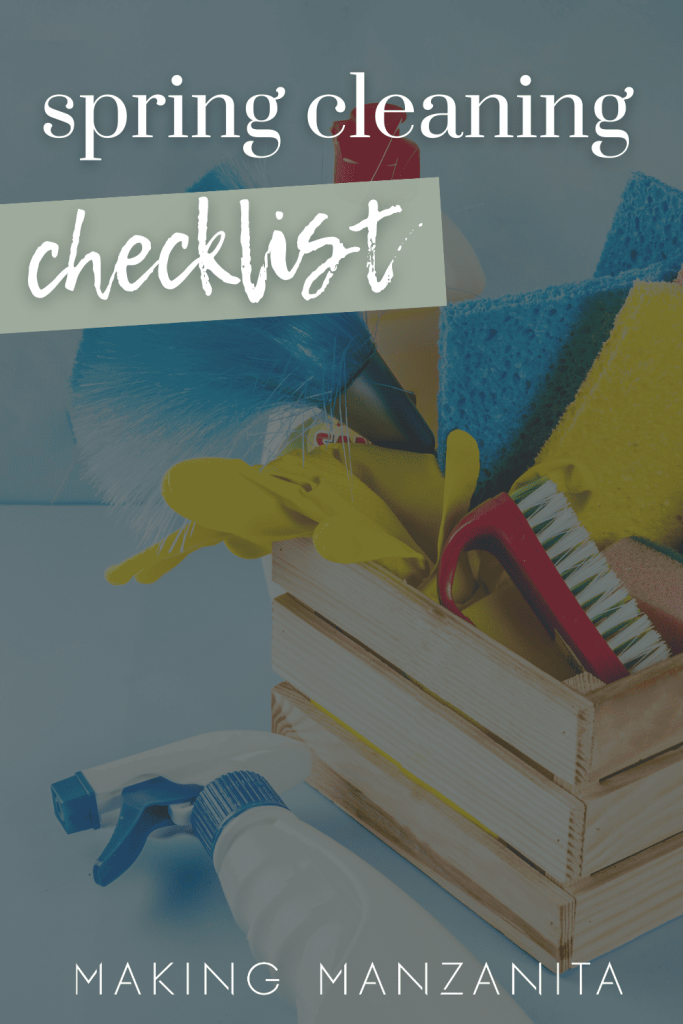 infographic for a spring cleaning checklist showing a spray bottle and other cleaning supplies in a crate