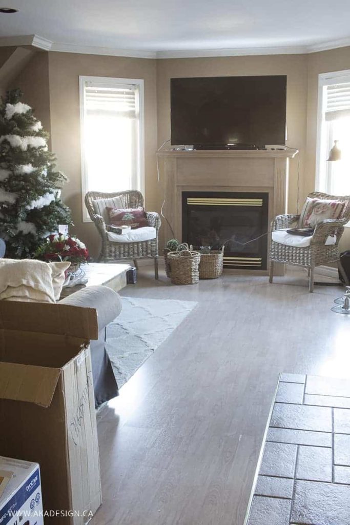 A dark dimly lit living room with furniture as part of a home that needs to be decluttered