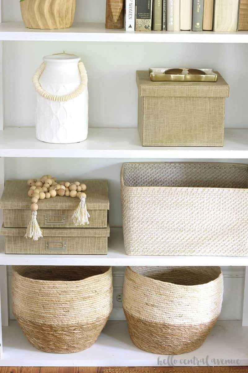 bookshelf with baskets and boxes for hidden toy storage in plain sight