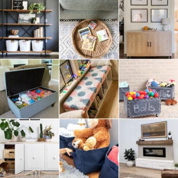 image collage of nine toy storage living room ideas