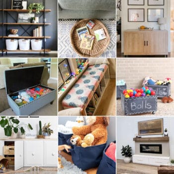 image collage of nine toy storage living room ideas