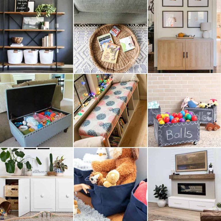 image collage of nine toy storage living room ideas