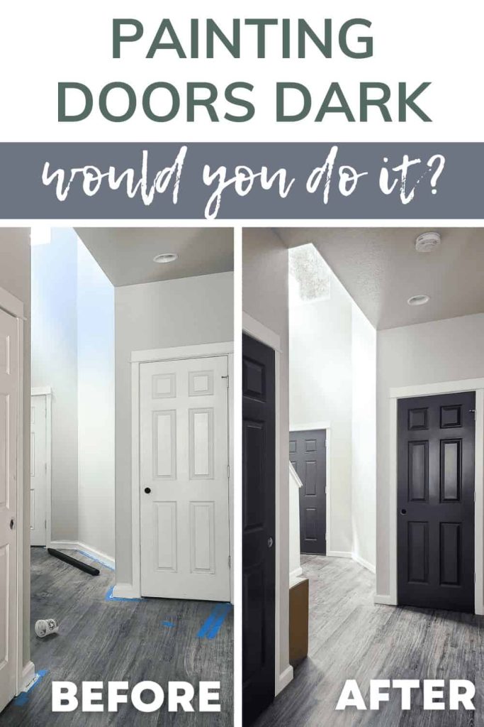 A photo of doors before and after in painting interior doors black. With text overlay saying "painting doors would you do it?".