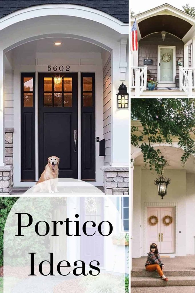 A list collection of front door portico with a text overlay saying "Portico Ideas"