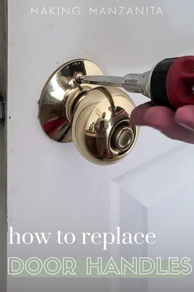 Swapping out outdated interior door handle with a fresh replacement and with text overlay that says how to replace door handles.