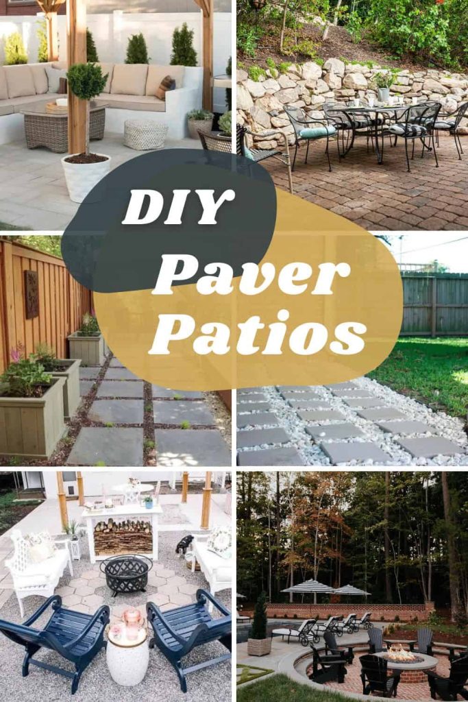A collage photo of patios made with pavers with text overlay saying"DIY Paver Patio"