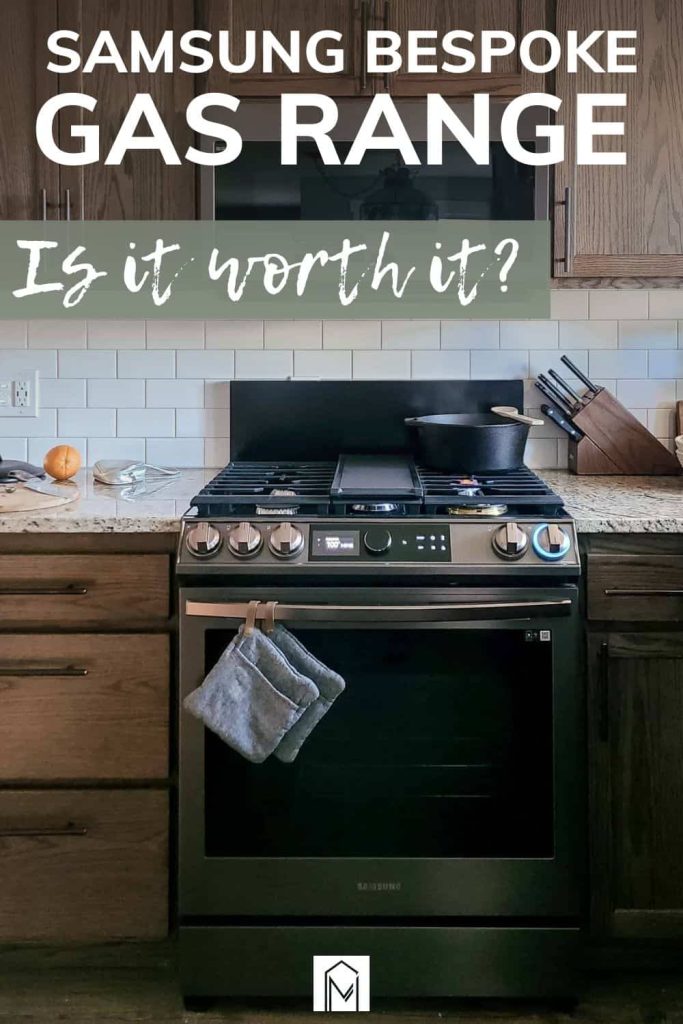 A Samsung Bespoke Gas Range and some kitchen tools are shown in a photo with a text overlay saying"Samsung Bespoke Gas Range Is it worth it?".