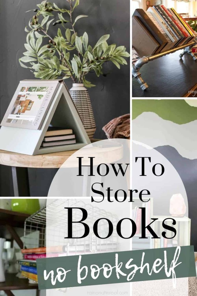 A collage of photos that shows how you organize your book with a text overlay saying "How to store books no bookshelf".