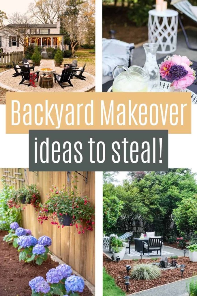 Image grid displaying stunning backyard makeover concepts, ranging from vibrant flower arrangements to elegant outdoor lounges with text overlay that says 