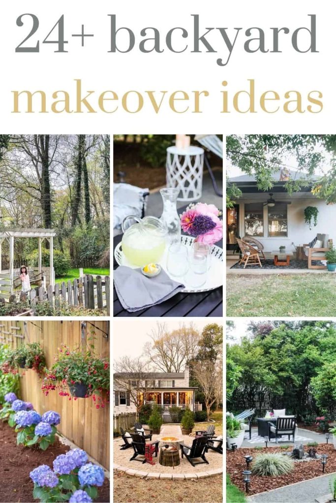 Image collage showcasing 24 stunning backyard makeover ideas. Each image displays a unique transformation, highlighting creative landscaping, seating areas, lighting, and decorative elements with text overlay that says 
