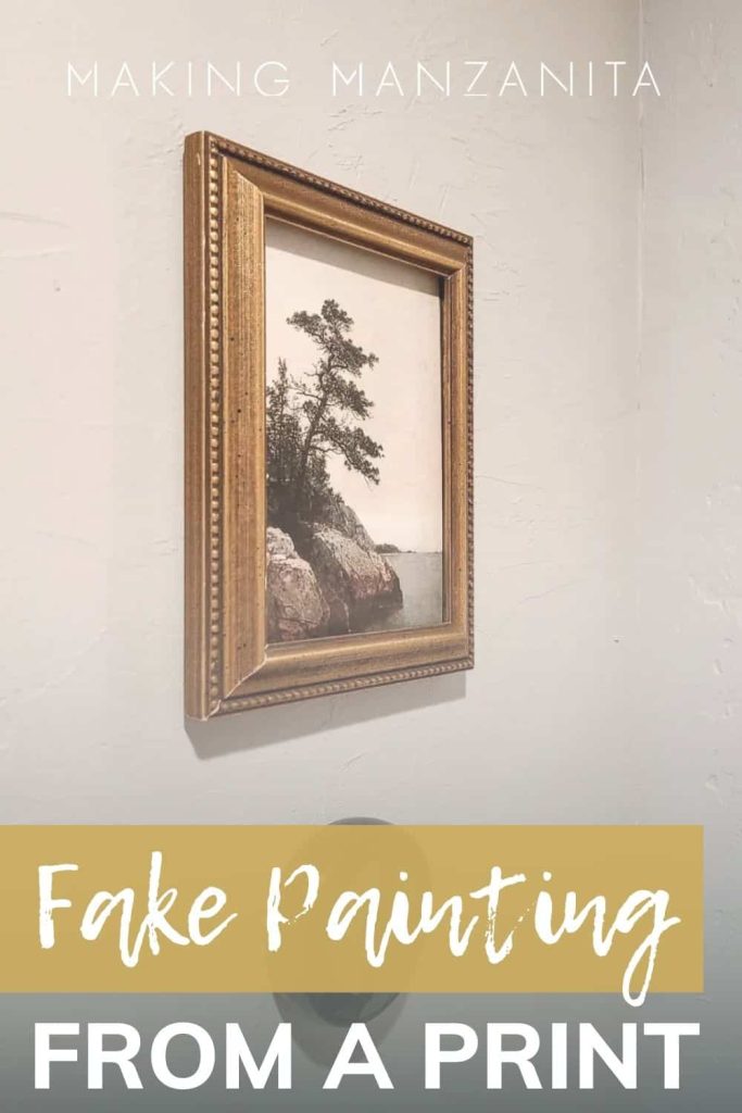 Image depiction of the art of simulating a painted effect on prints, providing a visual walkthrough for achieving a faux painting appearance with text overlay that says "fake painting from a print".