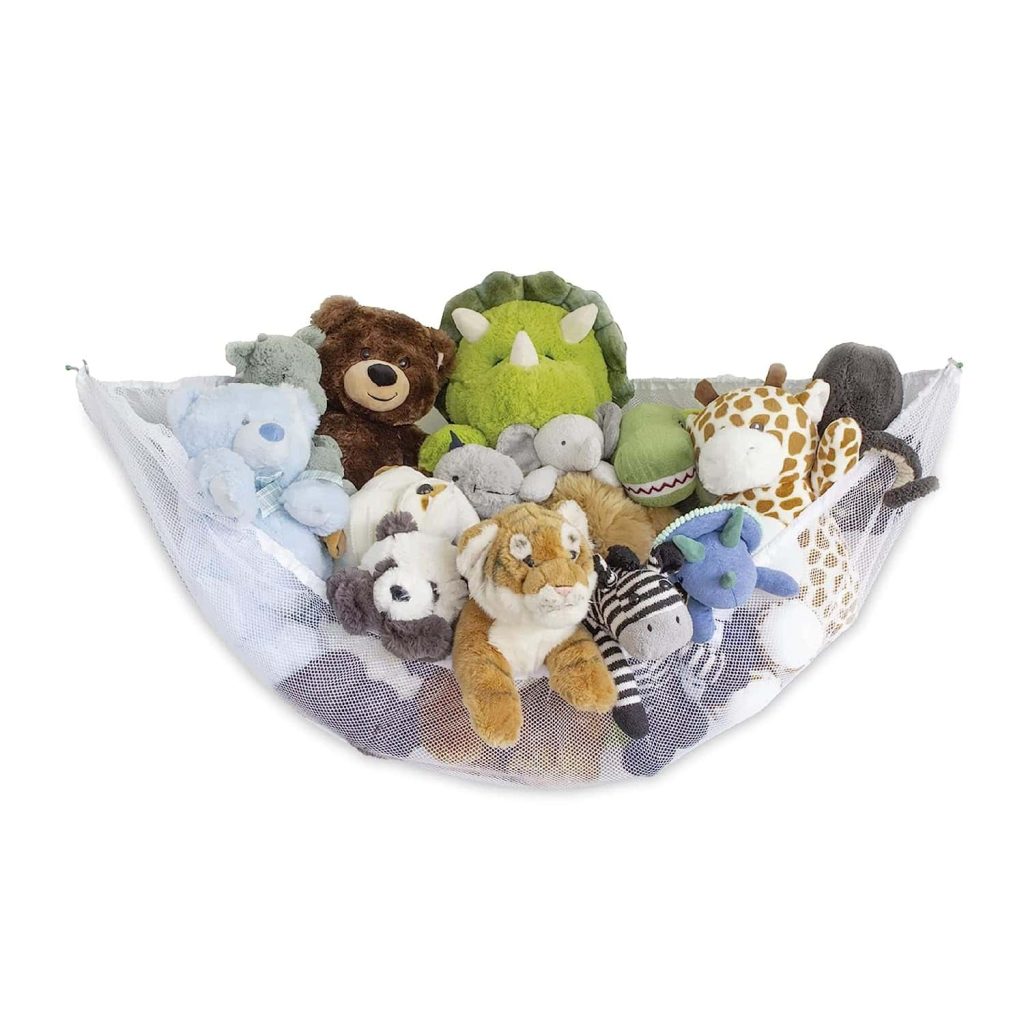 stuffed animals in a storage net 