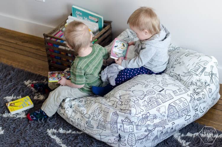 2 young children sitting on a DIY Bean Bag stuffed animal chair