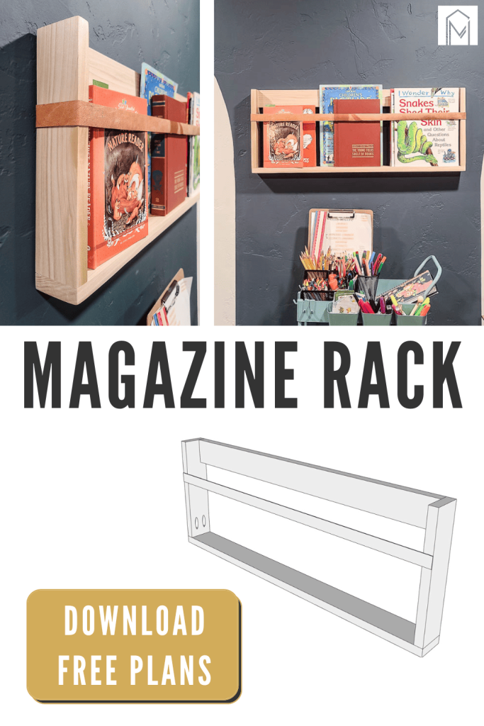 Handcrafted wood shelf showcasing an array of books and decorative items and magazine rack with text overlay that says 