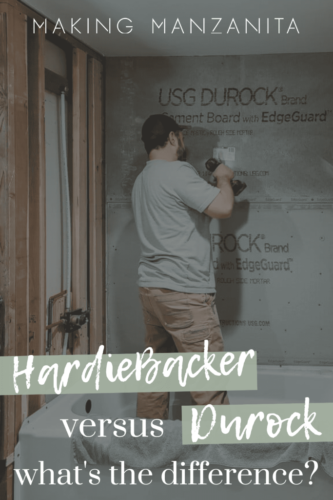 A man is using a drill to secure backer board to a wall in a shower/back with a text overlay saying "HardieBacker vs Durock Comparison: What's The Difference"