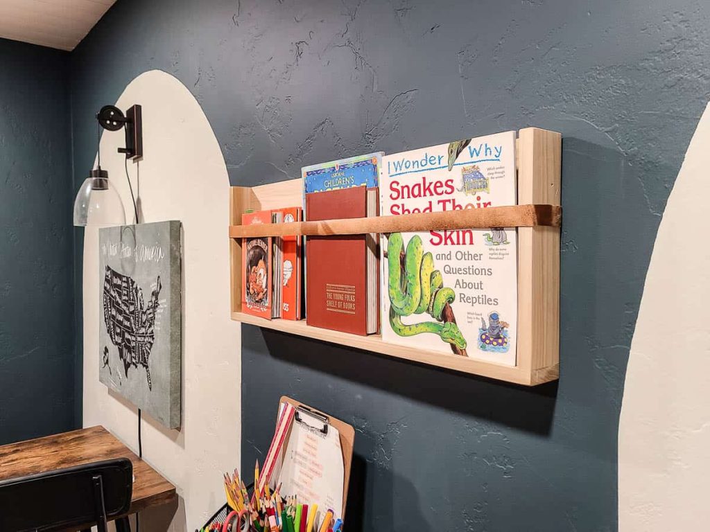 Custom-built DIY magazine rack displaying a curated collection of books on the wall.