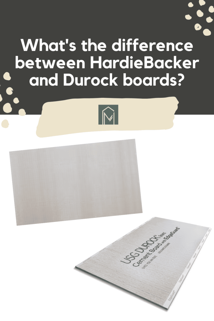 A photo of Hadiebacker and durock boards with text overlay saying "HardieBacker vs Durock Comparison: What's The Difference".
