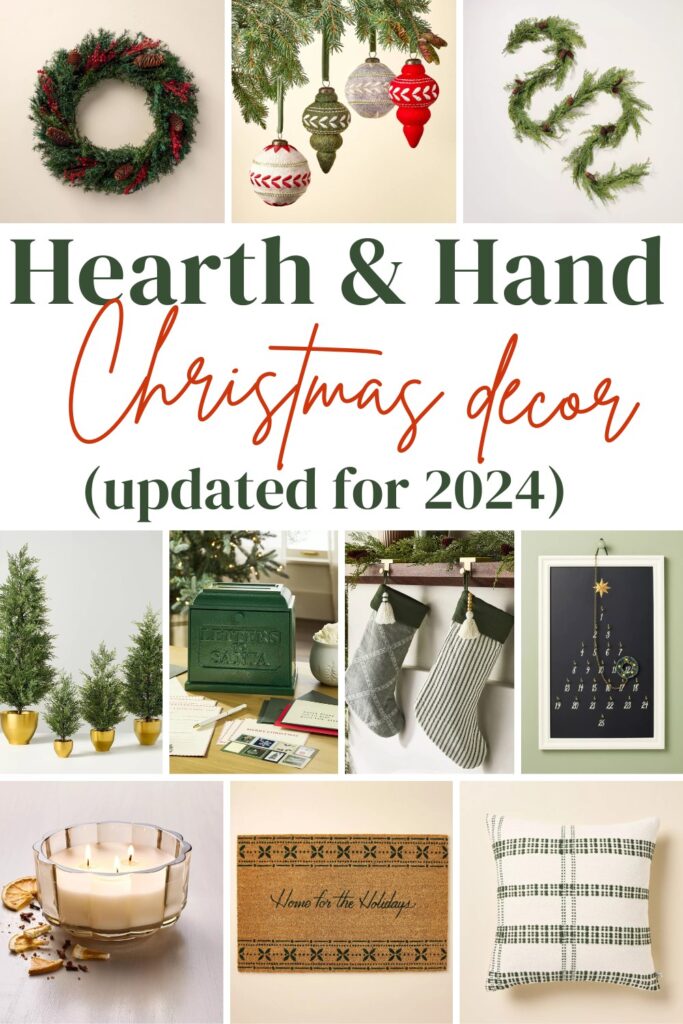 Collage of Christmas decorations from Magnolia's brand at Target called Hearth & Hand for 2024