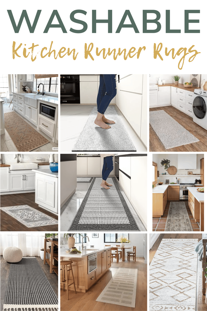 A captivating collage of washable kitchen runner rugs, showcasing their stylish designs and practical functionality with text overlays saying 