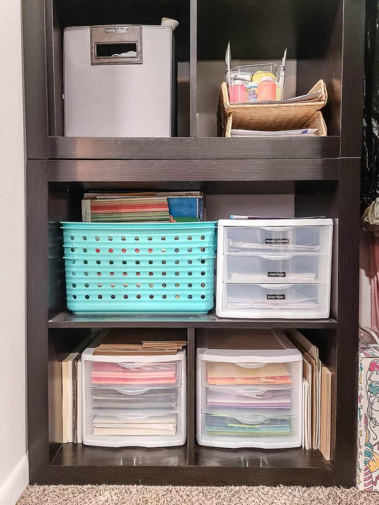 Shelves with different organizers for variety of homeschool materials