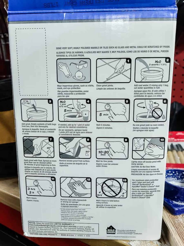 An illustration of step-by-step grout mixing and application guide for tiling projects.