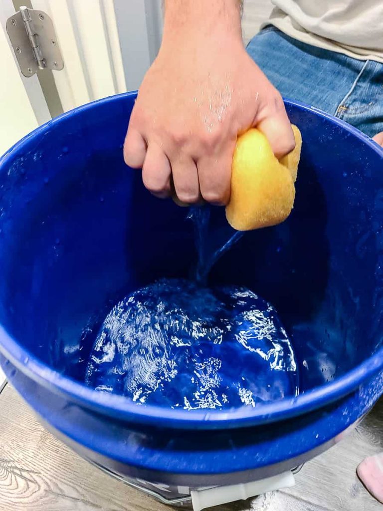 A photo shows a person holding and dipping a sponge into a blue bucket filled with the water and vinegar mixture.