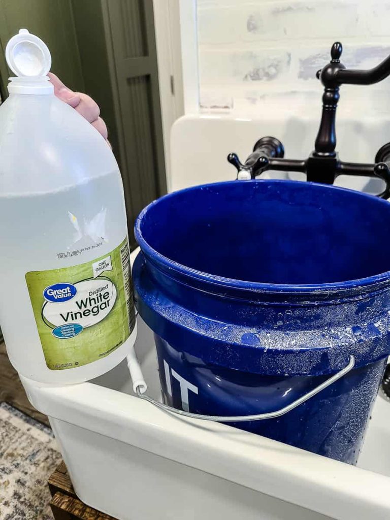 White vinegar gallon and tub for household cleaning purposes.