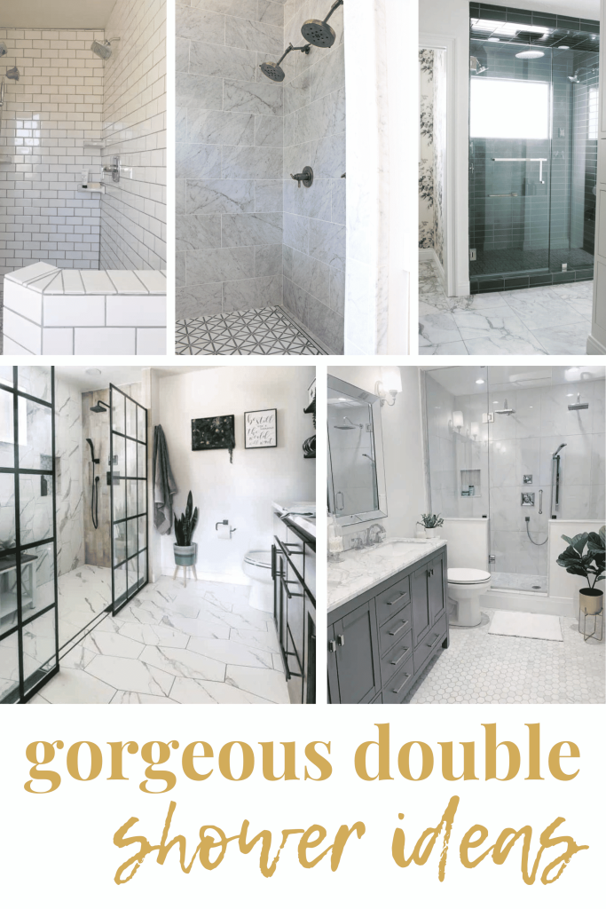 A double shower is pictured in this collage with text overlays saying gorgeous double shower ideas.