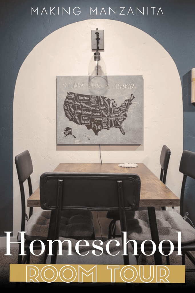 Inviting study space with table and chairs and aesthetic USA map display with text overlay that says "Homeschool Room Tour"