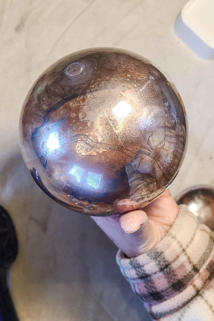 A finish product of a DIY Mercury Glass Christmas Ornaments.