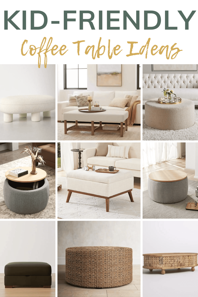 A 6-photo collage of a coffee table with text overlay saying "Kid-friendly coffee table ideas".