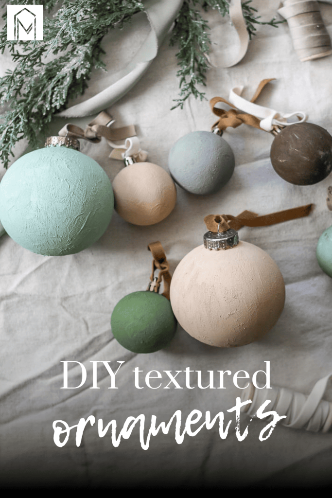 A picture of textured ornaments with ribbon tied around them on top with text overlays saying 