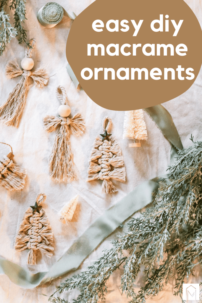 Christmas tree macrame ornaments and angel macrame ornaments on a flat lay with text overlay that says easy DIY macrame ornaments