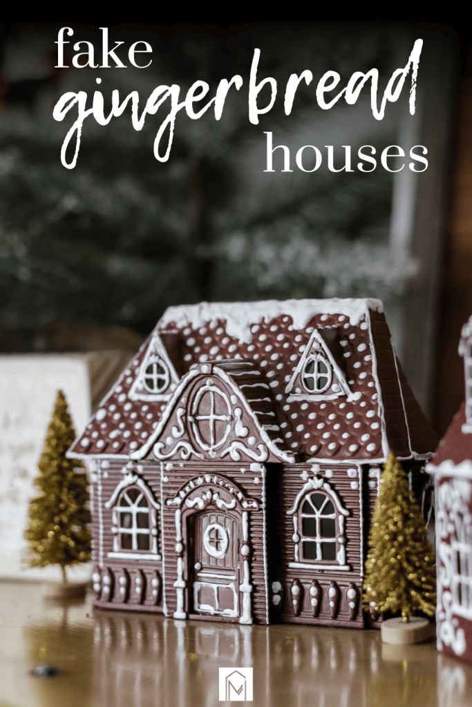 Festive gingerbread house, a sweet addition to holiday decor with text overlay that says "fake gingerbread houses"