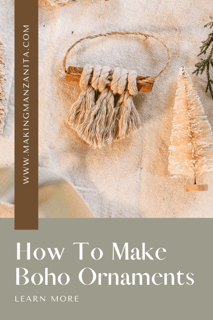 Macrame Ornament with Cinnamon Stick with text overlays saying "How to Make Boho Ornaments Learn More".
