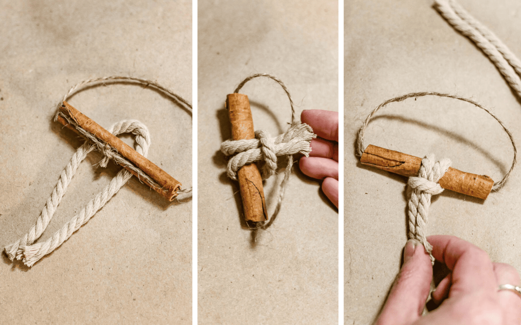 3 steps of a photo collage: tie the macrame cord around the cinnamon stick