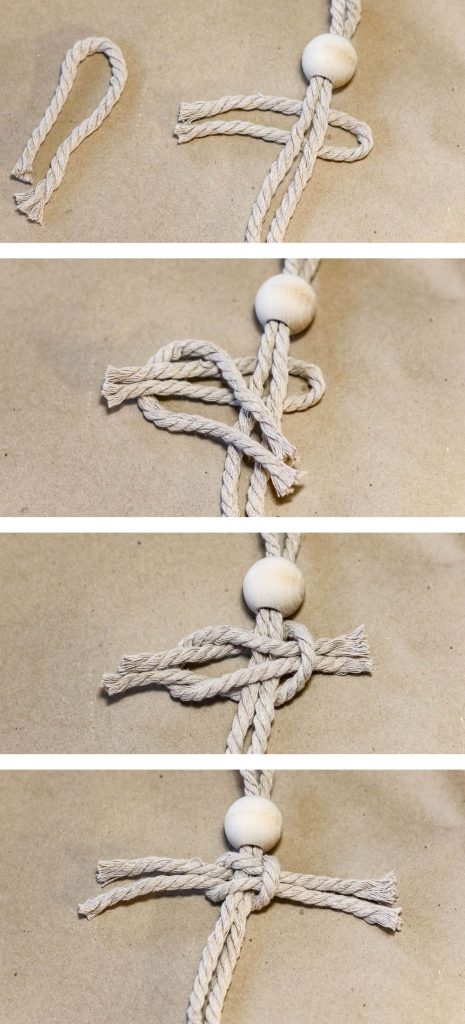 A four-photo collage showing how to tie a macrame cord in order to create an angel-style Christmas ornament