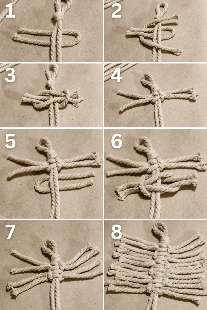 Eight collage photo of the steps of a square knot process to create a Macrame Christmas Ornaments.
