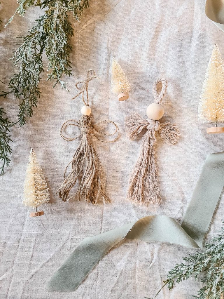 Two photos of a wooden beads ornament angel style.