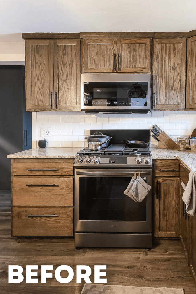 A before photo of a kitchen without wreaths for Christmas.