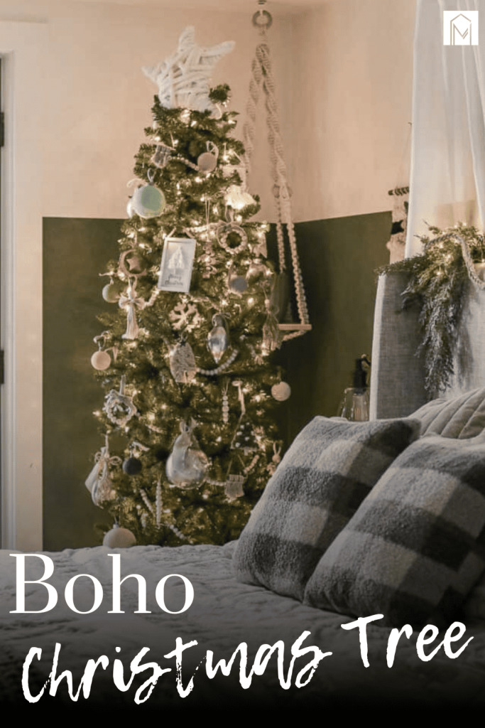 An image of whimsical Christmas tree adorned in Boho decorations with text overlay that says "Boho Christmas Tree"