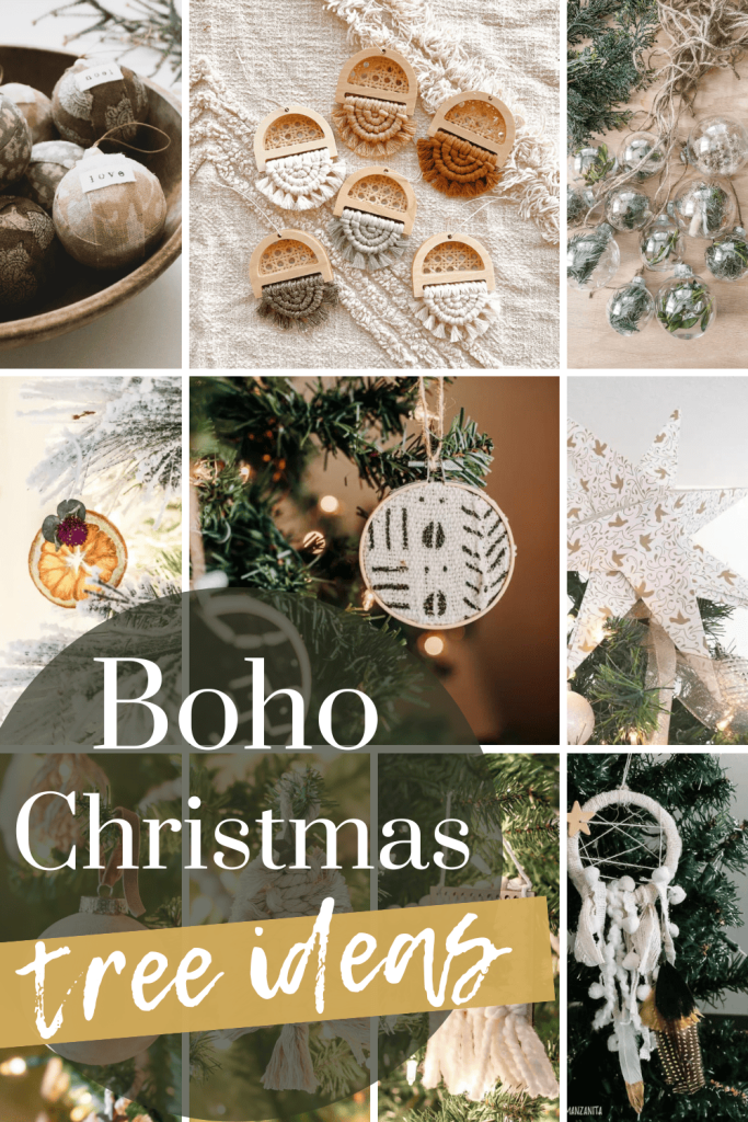Discover a collage of Boho-inspired Christmas tree ornaments and ideas – a festive fusion of colors, textures, and unique charm! Dive into the Boho holiday spirit with our curated collection with text overlay that says " Boho Christmas Tree Ideas"